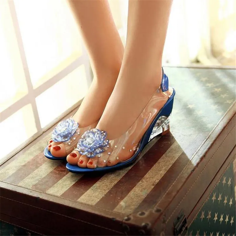 Girls High heel Shoes Women Crystal Slipper Wedge Sandals Female Sweet Crystal Transparent High Heels Rhinestone Wedge Sandals