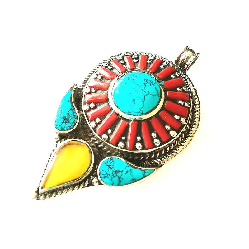 TBP752 Vintage Handmade Pendant Copper Inlay Colorful Stone from Nepal