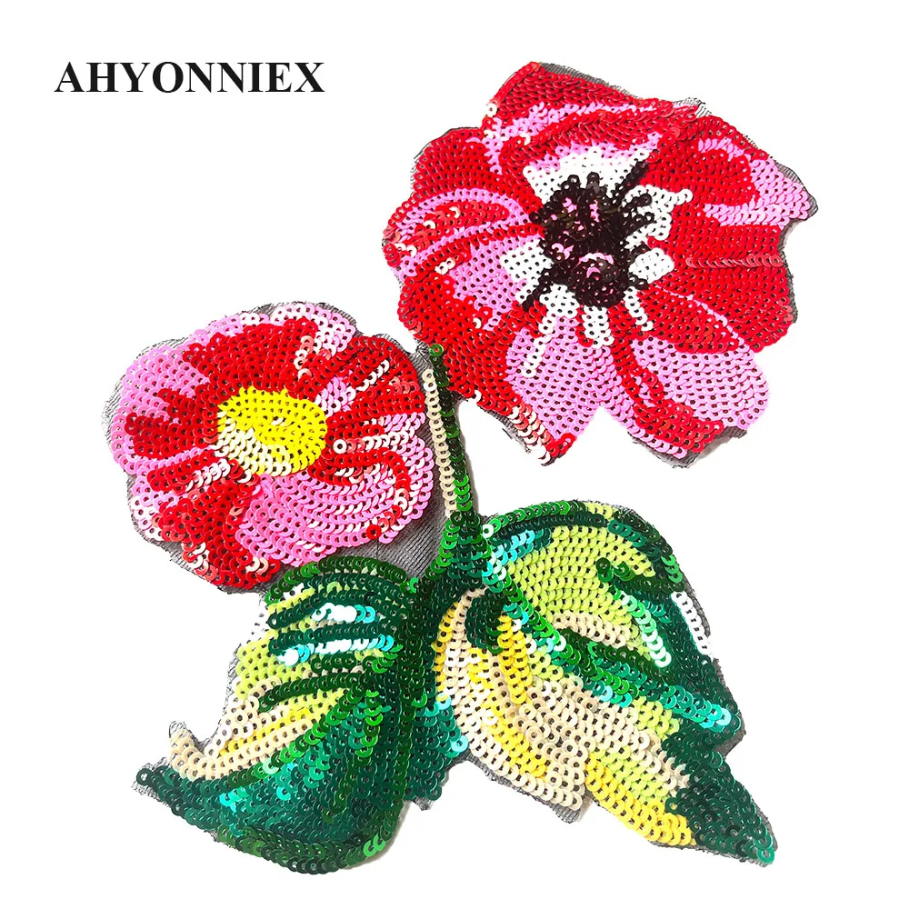 AHYONNIEX New Fashion Red Sequins Flower Patch DIY Applique Floral Patches For Clothing Bag Dress Sew On Patches 23.5cm x 16cm