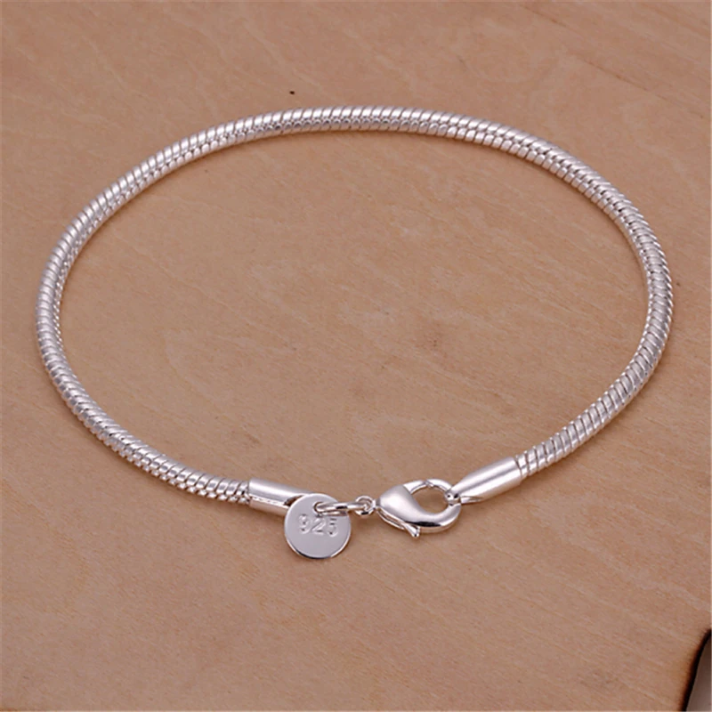 DOTEFFIL 925 Sterling Silver 8 Inch 3mm Snake Chain Basis Bracelet For Woman Charm Wedding Engagement Fashion Party Jewelry