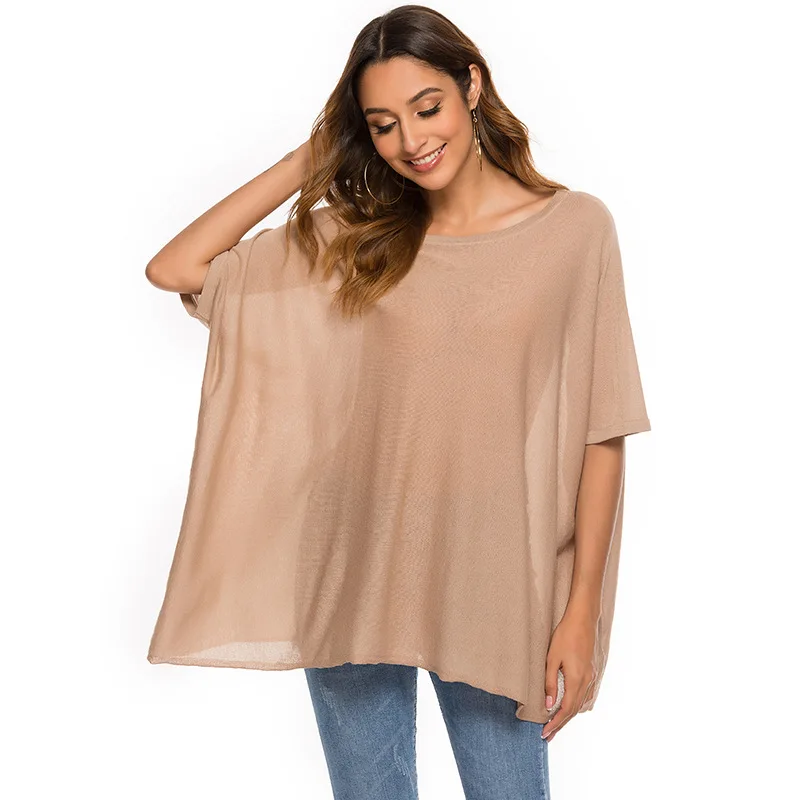 European American Sexy Off Shoulder Bat Sleeve Ice Silk Sweater Top Women's Thin Loose Solid Color Pullover Crew Neck Sweater