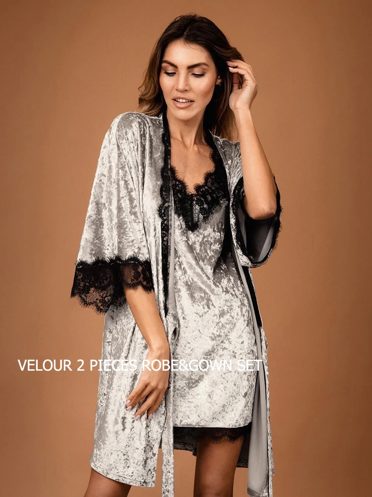 Pyjama en dentelle Patchwork pour femmes, ensemble de 2 pièces, peignoir en velours