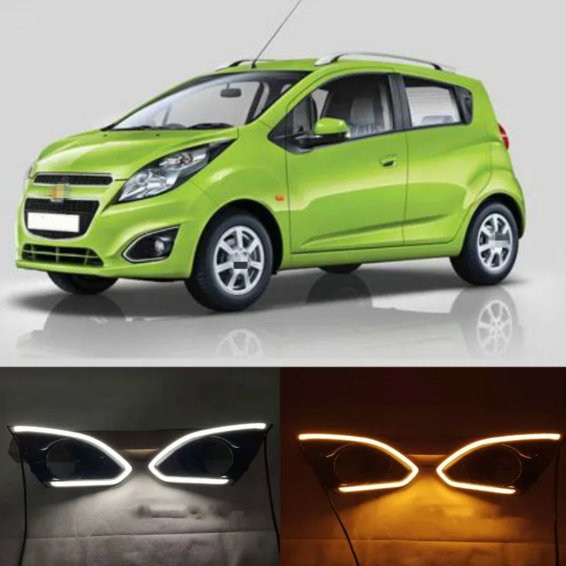 Led Drl dla Chevrolet Spark 2013-2015 światła dzienne pokrywa lampy przeciwmgielnej z żółtym lampka kierunkowskazu akcesoria