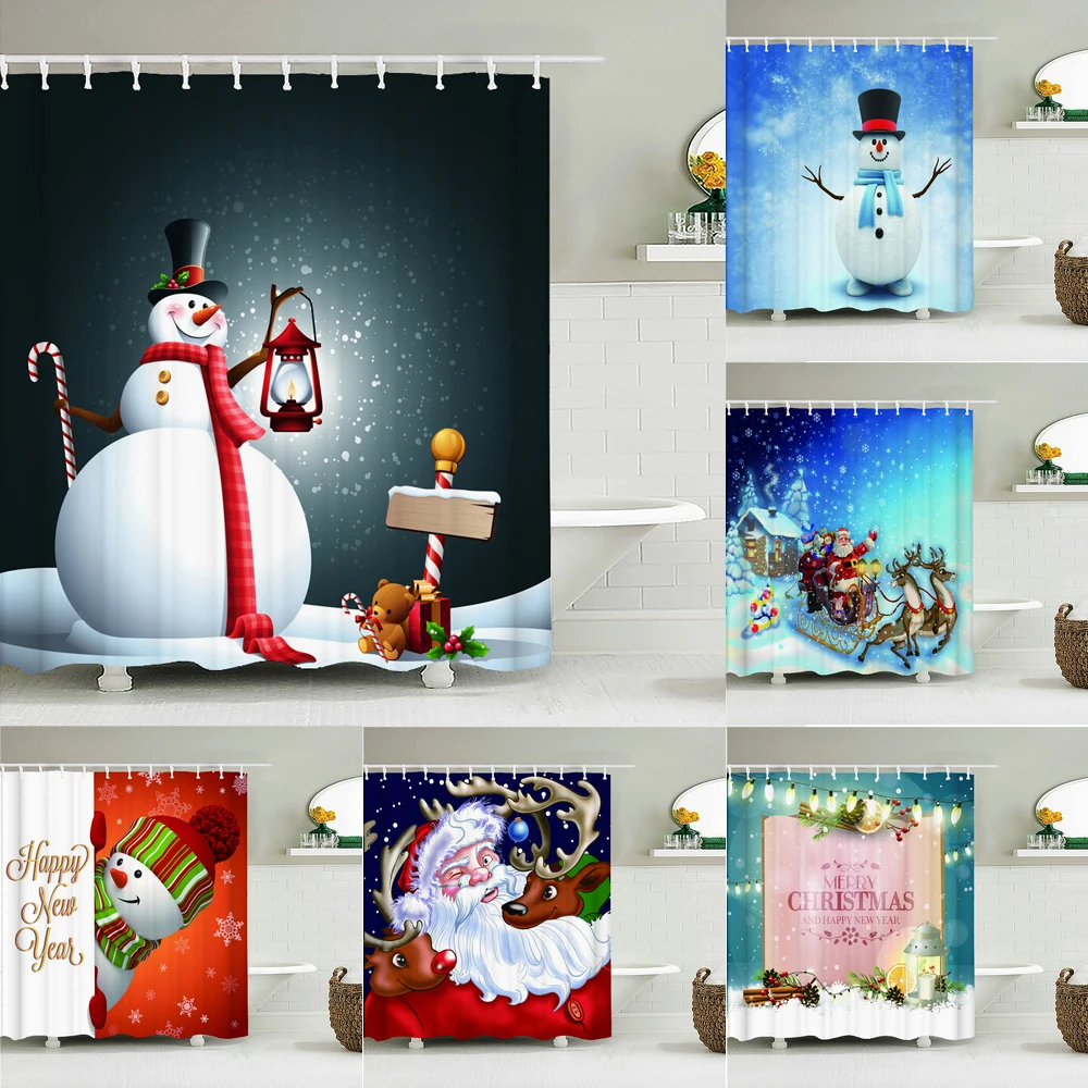 

Merry Christmas Santa Claus Snowman Deer Christmas Gift Shower Curtains Frabic Waterproof Polyester Decor Xmas Bathroom Curtain