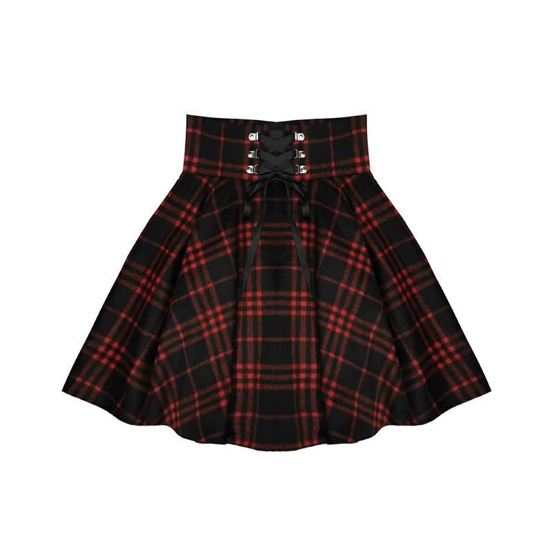 Qiukichonson Gothic Lolita Rock Frauen 2020 Frühling Herbst Winter Hohe Taille Lace-up Kurze Plaid Wolle Röcke Mini tutu femme