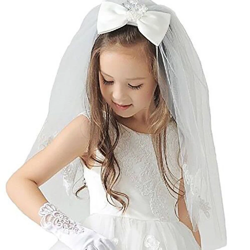 Handmade Double Layer Flower Girls Wedding Veils Cute Bowknot Costume First Communion Short Veil for Bride Wedding Accessories