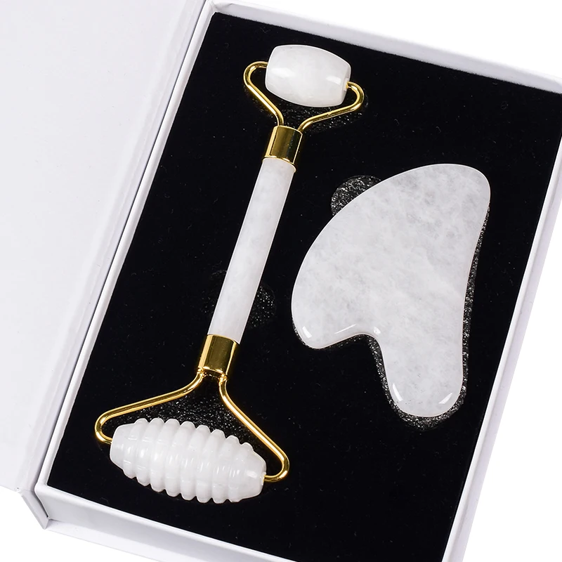 Witte Jade Gezichtsverzorging Massage Zaagtand Roller Gua Sha Tool Set Crystal Mineral Stone Gezondheid Eye Huid Acupunctuur Schoonheid Massager