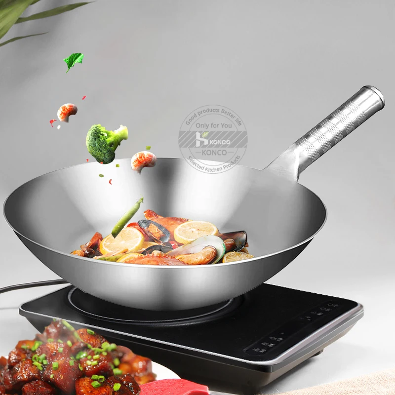 Konco High Quality Stir-Fry Pan Stainless Steel Saute Pan Gas Stoves Frying Pan Chinese Handmade Wok Cooking Pot