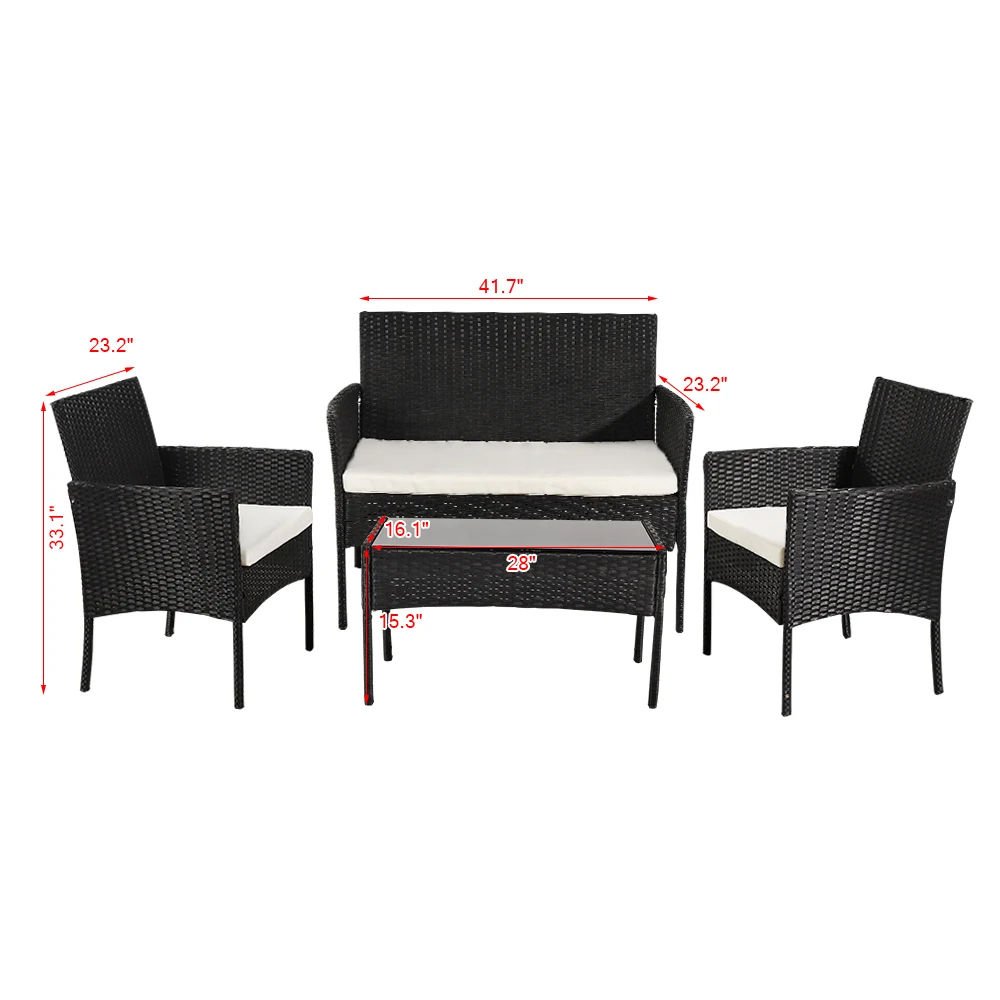 Outdoor Living Room Balcony Patio Leisure Rattan Furniture 4-Piece Black Including 1 Big 2 Small 3 Sofas & 1 Tea Table[US-Stock]