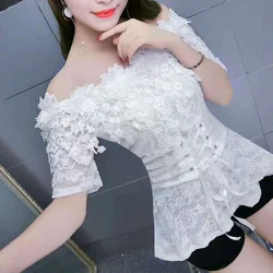 2024 New Slash neck Short sleeve women dress Sexy Club Lace solid short fashion slim shirts off shoulder crop top shirts