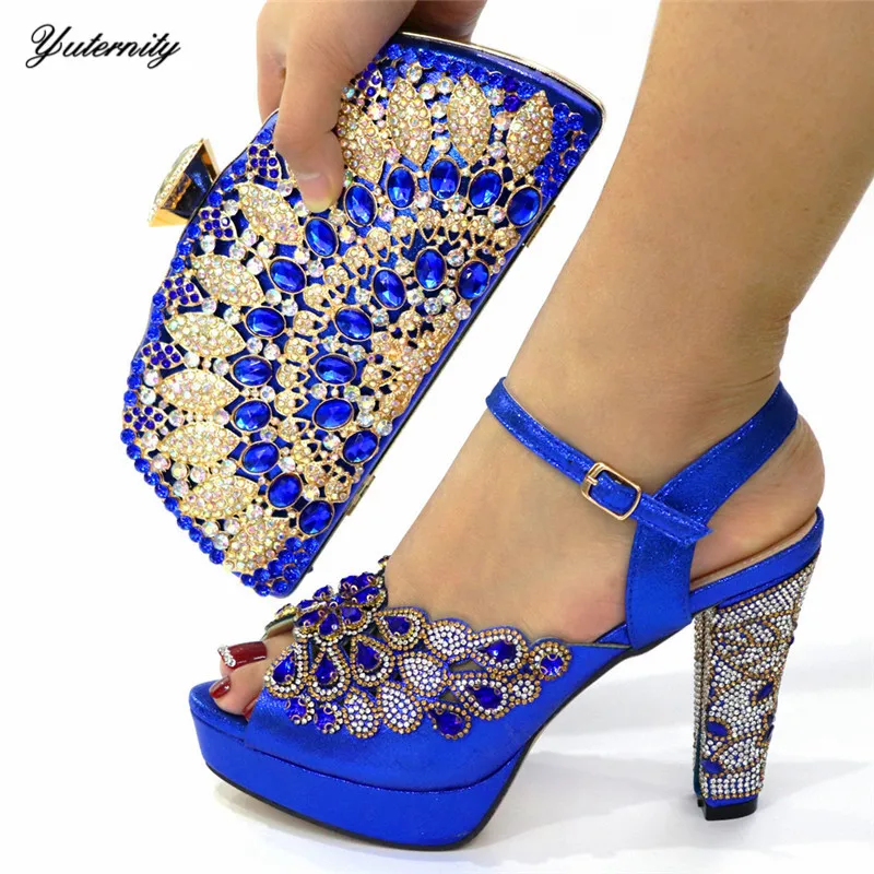 

African Hot Selling Woman Blue Shoes And Matching Bags Set Italian Elegant Pumps Shoes And Bag To Match For Wedding Parties