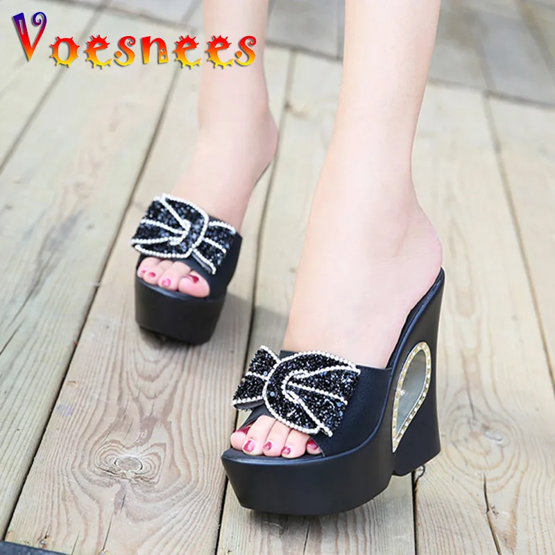 Women Slippers 2021 Summer Sell Well Diamond Bow Platform Thick Sole High Heels 13CM Outdoor Hollow Out Wedge Slides Beach Shoes