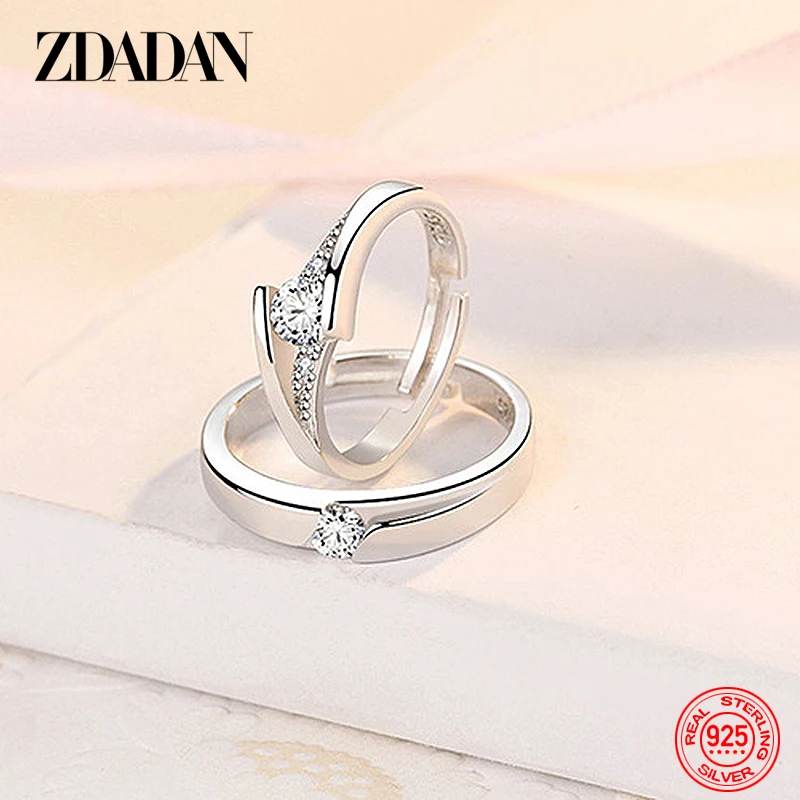 ZDADAN 925 Sterling Silver Opening CZ Adjustable Ring Women Fashion Wedding Engagement Couple Rings