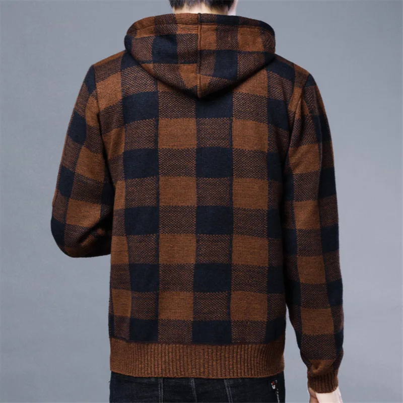 New Autumn Winter Men\'s Sweater Coat Thick Warm Hooded Plaid Wool Sweater Cardigan Jumpers Zipper Fleece Sweater Coat for Men