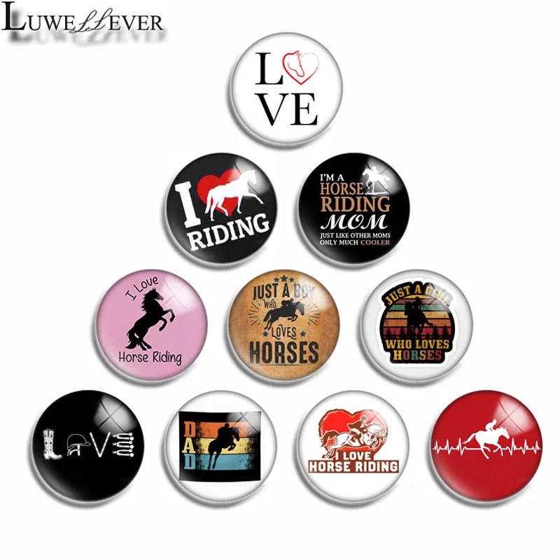 12mm 10mm 16mm 20mm 25mm 30mm 502 Love Horse Riding Mix Round Glass Cabochon Jewelry Finding 18mm Snap Button Charm Bracelet