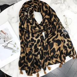 2021 New Women Autumn Cotton Linen Tassel Scarf Brown Leopard Dot Spain Style Wrap Pashminas Stole Muslim Hijab Sjaal 180*90cm