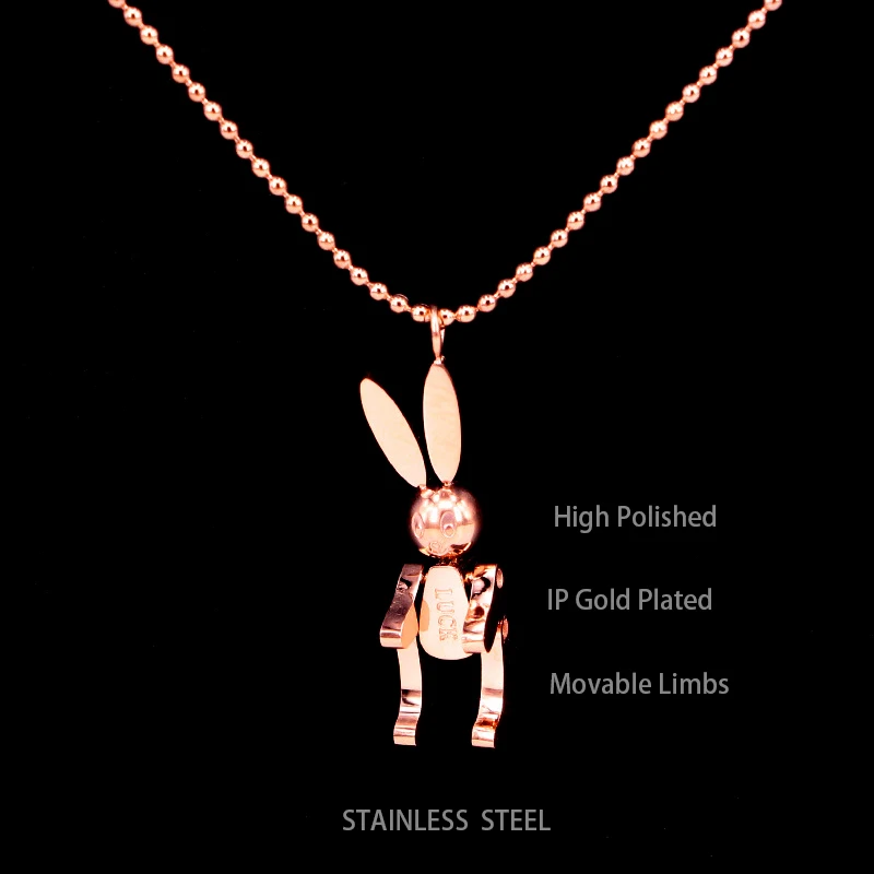 Robot Rabbit Pendant Bunny Necklace Women Stainless Steel Cute Lucky Jewelry Movable Limbs Charm Rose Gold Silver Color Korean