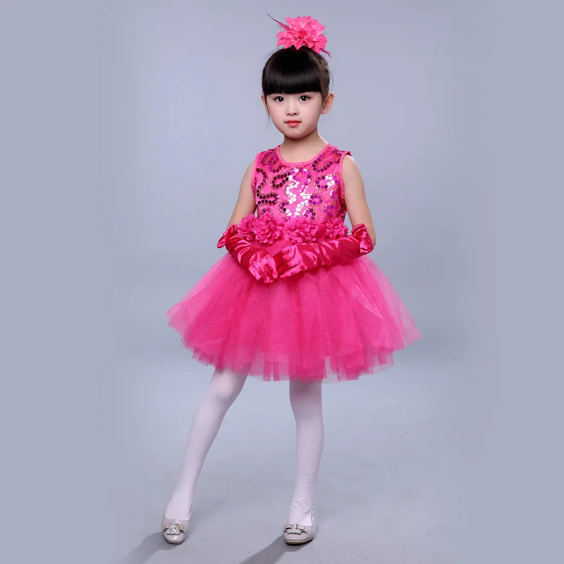 Children Sequins Performance Dresses Yarn Princess Dress Students Show Dance Clothes Stage Dancewear For Girls Tutu Bubble Skirt