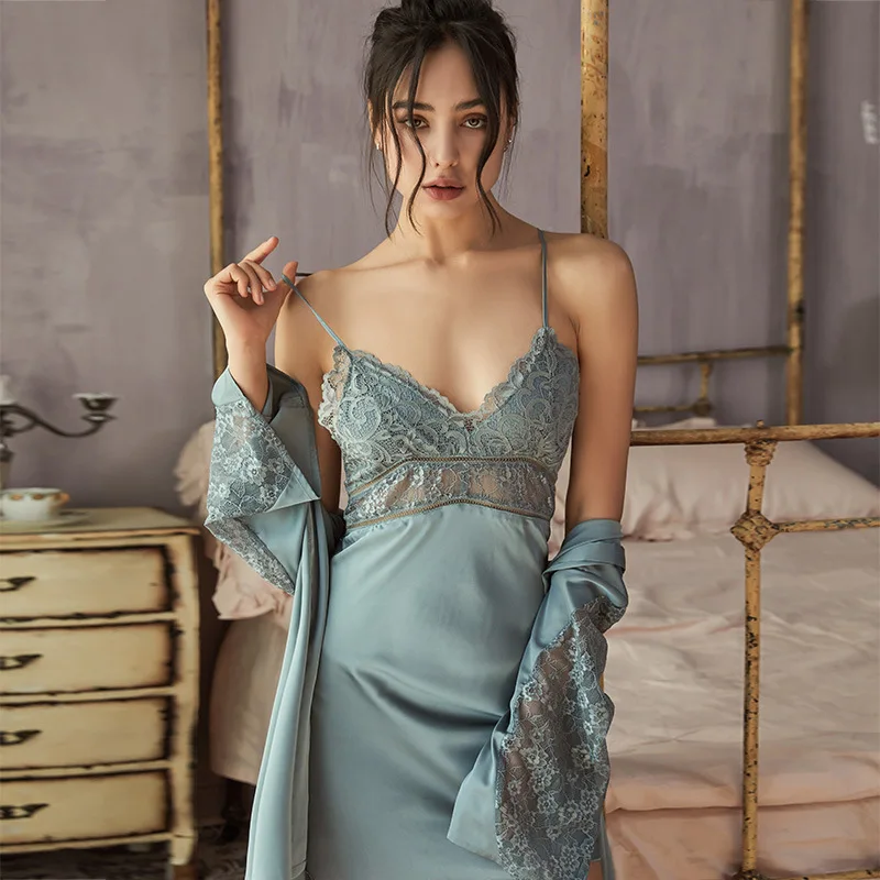 Two-pieces Robe Set With Suspender Nightdress For Women Sexy Bathrobe&Nightgown Lace Hollow Out Sleeve Kimono Gown Sleepwear