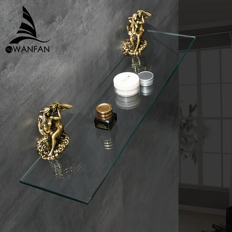 Romantic Gold Bathroom Glass Shelf - Single Layer Tempered Glass Wall Mounted Rustproof Glass Shelf MB-0813B