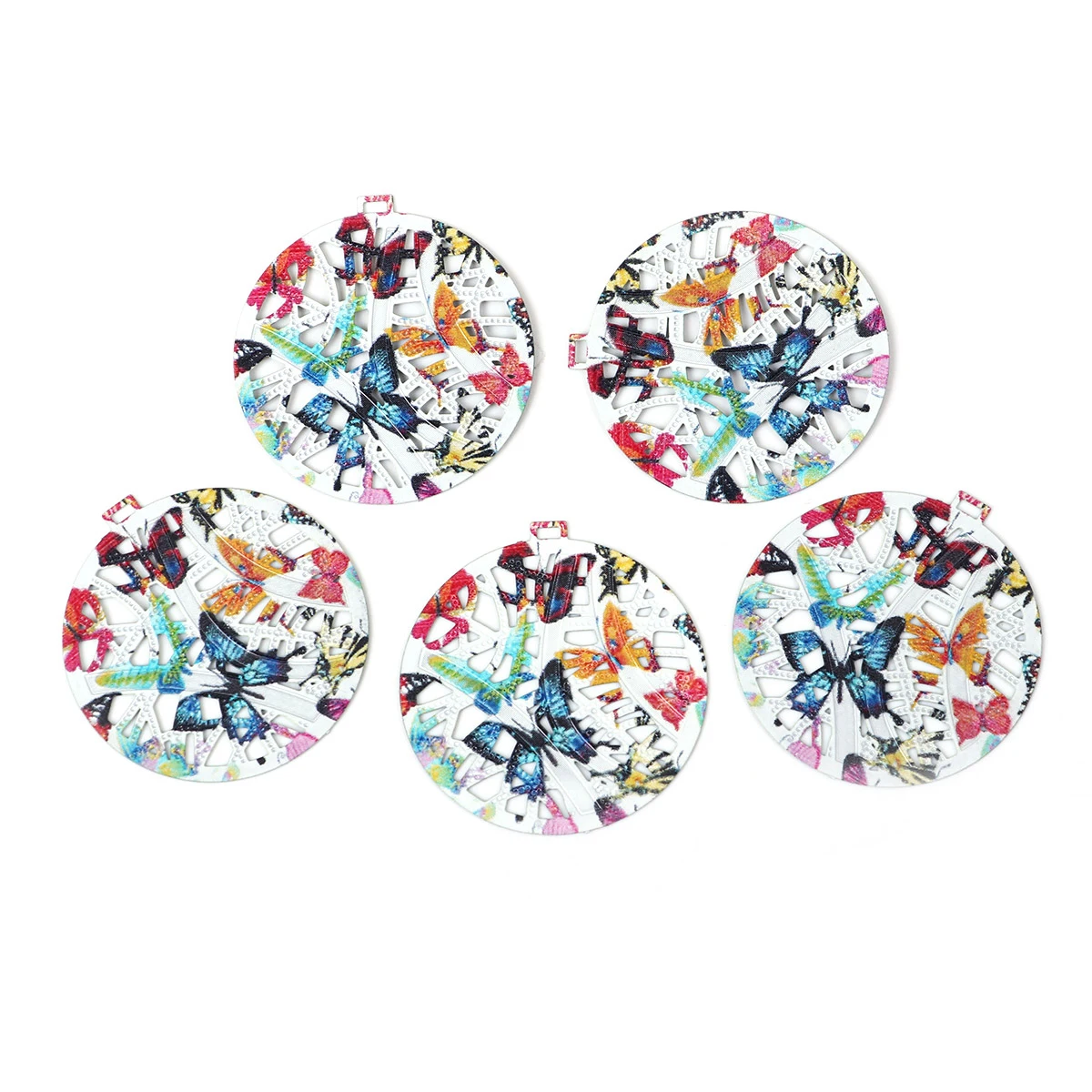 Iron Based Alloy Enamel Painting Pendants Round Green Multicolor Butterfly Filigree 38mm(1 4/8\