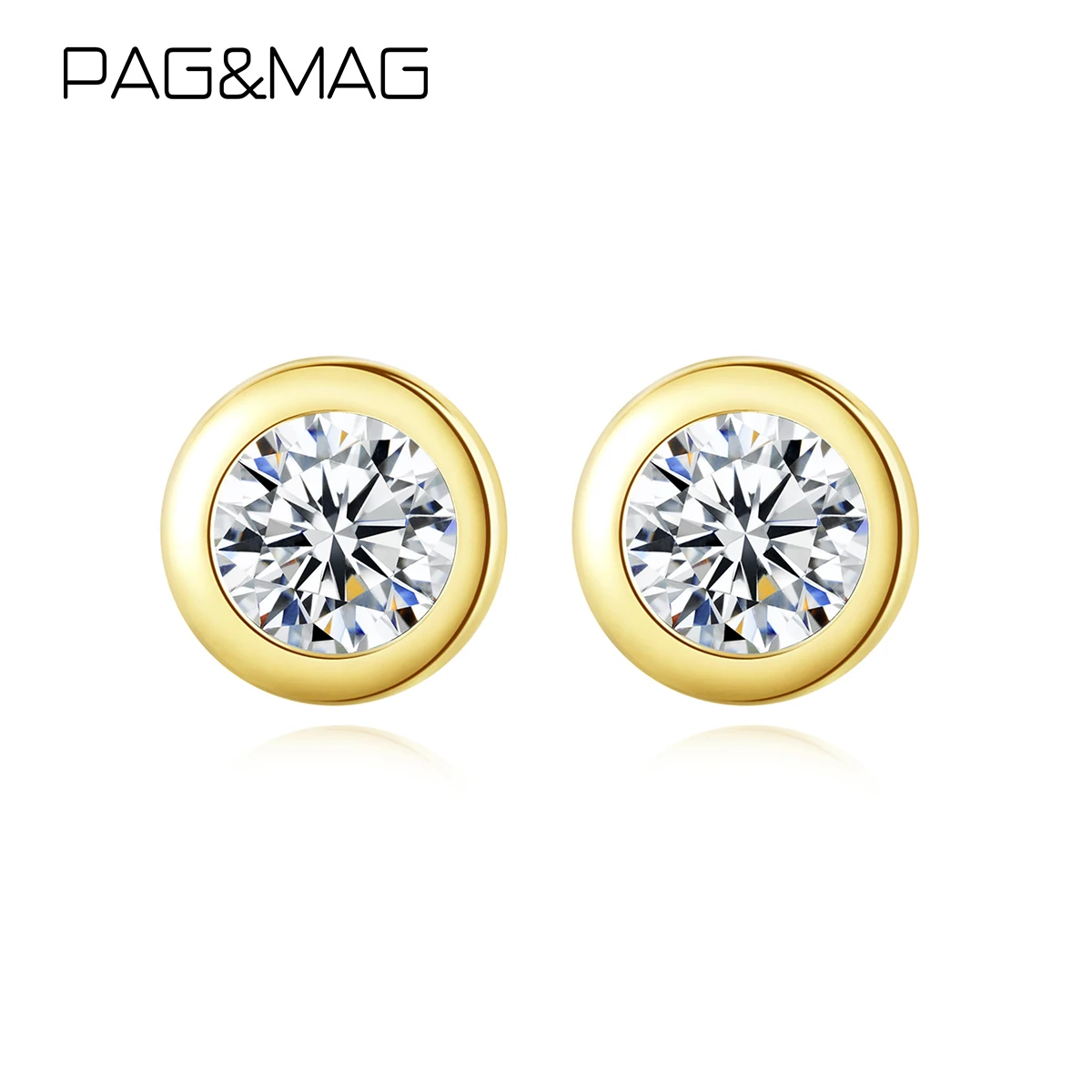 PAG&MAG 925 Sterling Silver Clear Zircon Round Simple Stud Earrings For Women 14K Gold Plating Earrings Fashion Jewelry