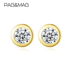 PAG&MAG 925 Sterling Silver Clear Zircon Round Simple Stud Earrings For Women 14K Gold Plating Earrings Fashion Jewelry