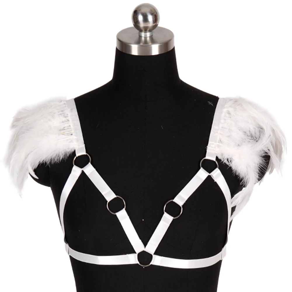 

Women Feather Epaulettes Harness Cage Bra Lingerie Cosplay Sexy Gothic Tops Elastic Shoulder Wings Bra Pole Dance Rave Wear