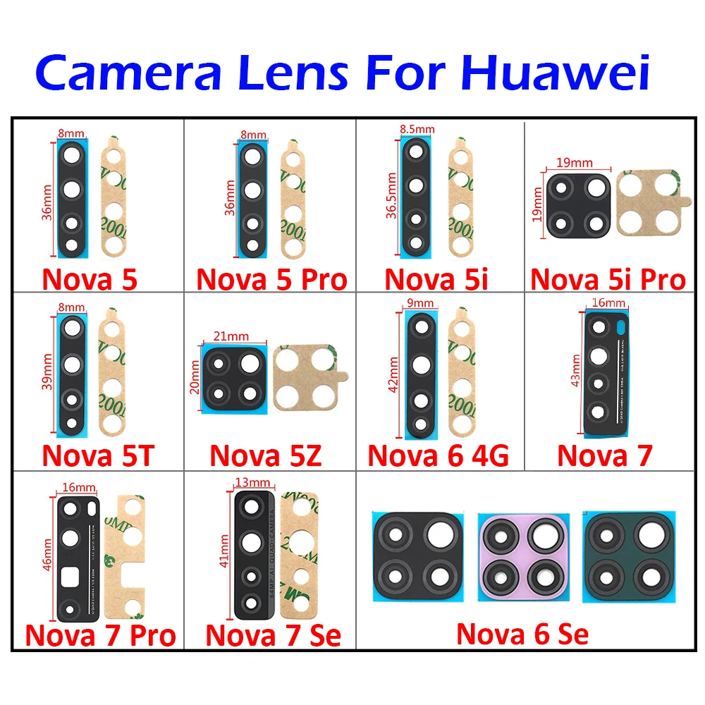 New Rear Back Camera Glass Lens For Huawei Nova 5T 5 5i 5T 5Z 6 7 8 Se Pro Camera Glass With Glue Adhesive