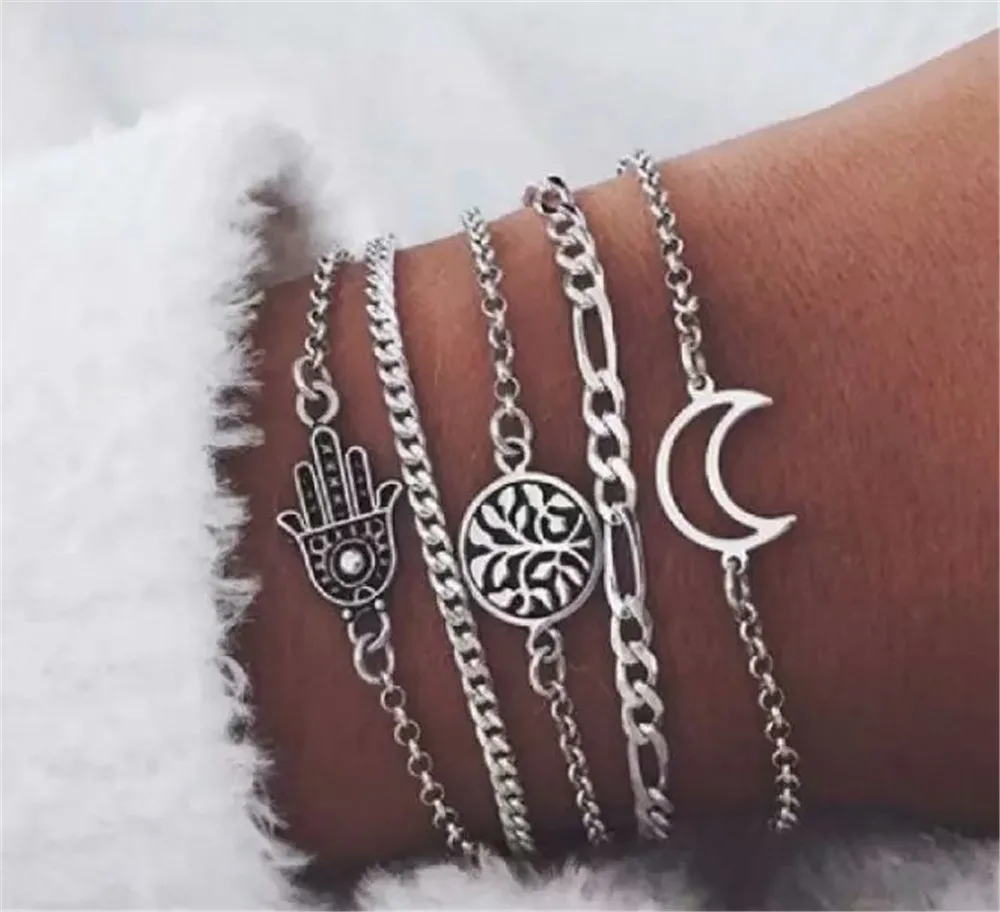 LXY-W New 2021 Multilevel Geometric Silver-plate Moon Palm Round Leaf Chain Set Bracelet For Women Vintage Boho Fashion Jewelry