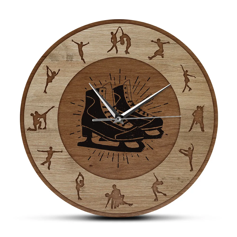 Figure Skating Wood Texture Printed Wall Clock Girls Room Silent Hanging Wall Watch Winter Sport Home Decor Ice Skaters Gift