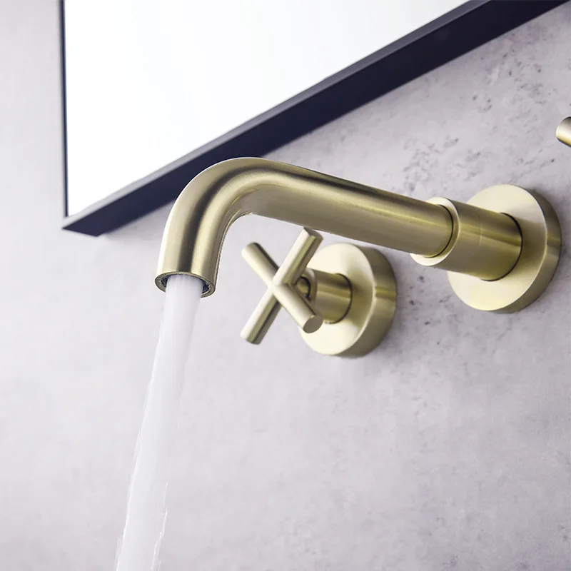 Brushed gold Brass Bathroom sink faucet Wall Mounted Cold hot water Basin mixer faucet High Quality Basin Tap Two Handles