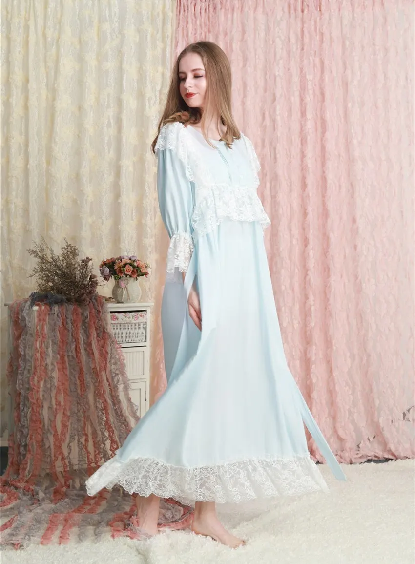 Sky Blue Bathrobe with Lace Custom Made Long Sleeves Nightgown Women Sleepwear For Bridal Boudoir Dress