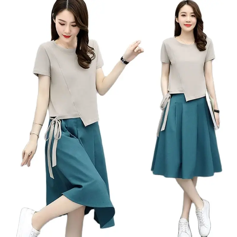 

Set Female 2021Summer New Outfit T-Shirt Short-Sleeved Thin Belt Top Thinner Suit Cotton Linen Skirt Fashion Two-Piece Women 728