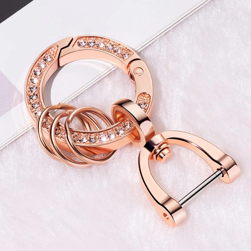 Fashion Women 360 Degree Rotation Keychain High Quality Spring Keyfob Stirrup Keyring Inlay Rhinestone Metal Connecting Buckle