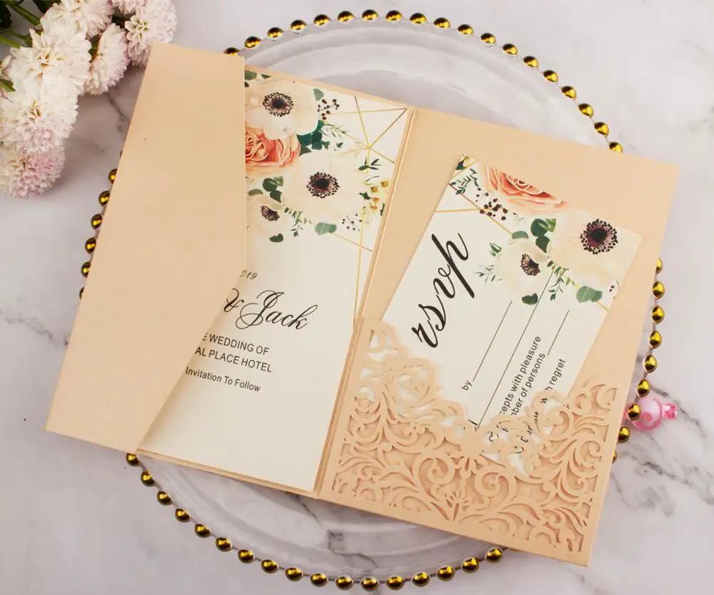 20pcs/Lot Burgundy Pocketfold Laser Cut Flower Wedding Invitation Cards Three Folded Card Pocket Greeting Invitation Cover 15