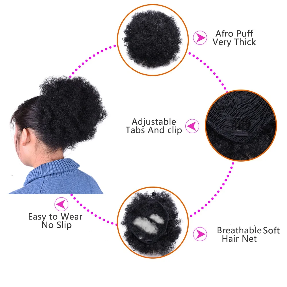 Short Afro Puff Synthetic Hair Bun Chignon Hairpiece For Women Kids Wig Drawstring Ponytail Kinky Curly Clip in Extensions