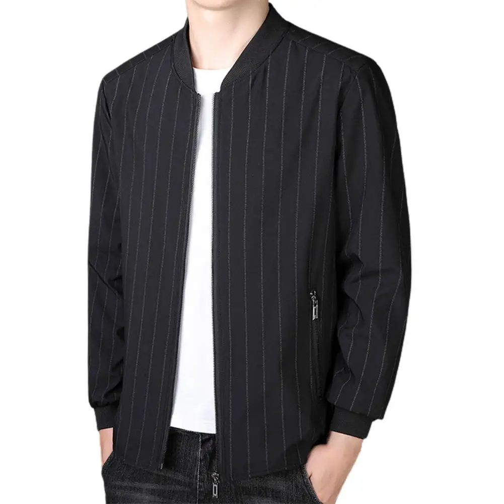 Men Coat Stripe Stand Collar Zipper Plus Size Spring Jacket for Daily Wear