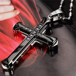 FSUNION 2025 New Male Crystal Cross Jesus Pendant Gold/Black/Blue Color Zirconia Necklace Stainless Steel