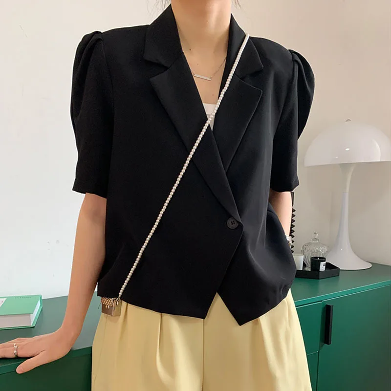 Summer 2024 Korean Haze Blue Thin Blazers Women Notched Collar Short Puff Sleeve Casual Single Button Female White Suit Jacket