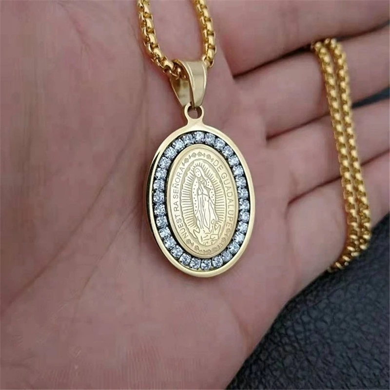 Inlaid Hao Stone Virgin Mary Oval Ladies Pendant Necklace Fashion Glamour Religious Party Jewelry Accessories  Religious