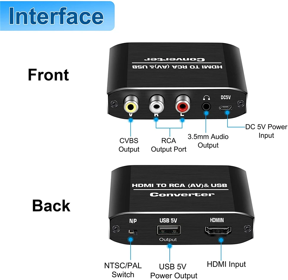 Navceker HDMI-compatible to RCA Converter AV/CVSB L/R Video Box HD 1080P 1920*1080 60Hz HDMI2AV Support NTSC PAL Output HDMIToAV