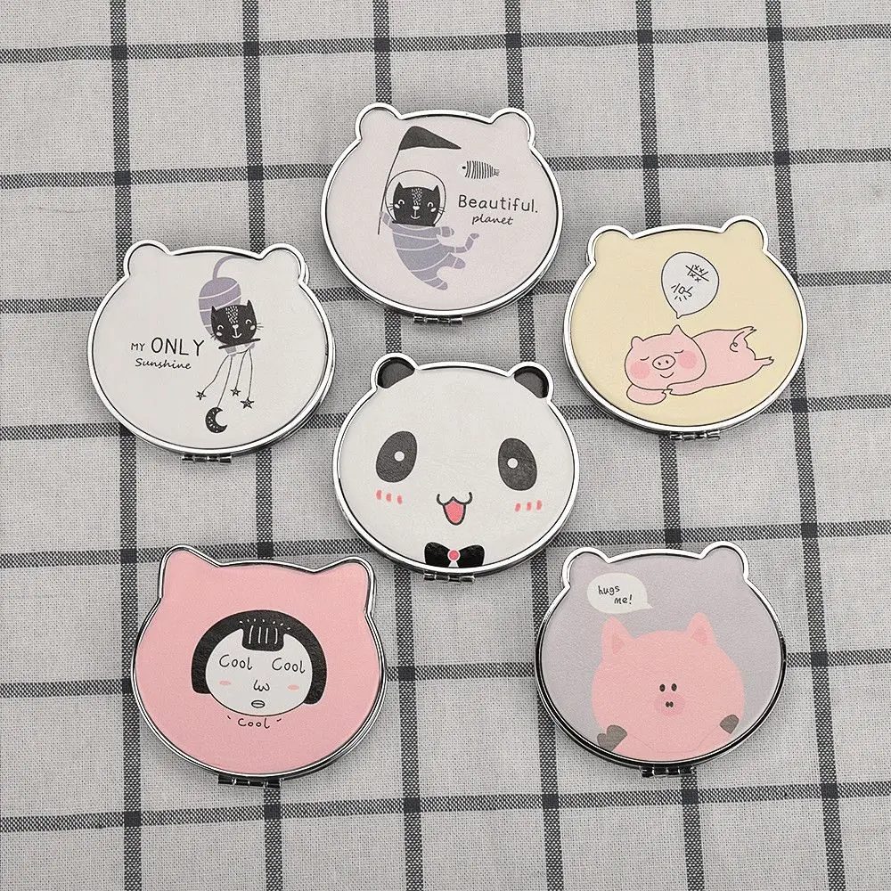 Cute Cat Panda Rabbit Double Side Folding Mirror Pu Leather Pocket Mirror Girls Mini Make Up Mirror Beauty Mirrors