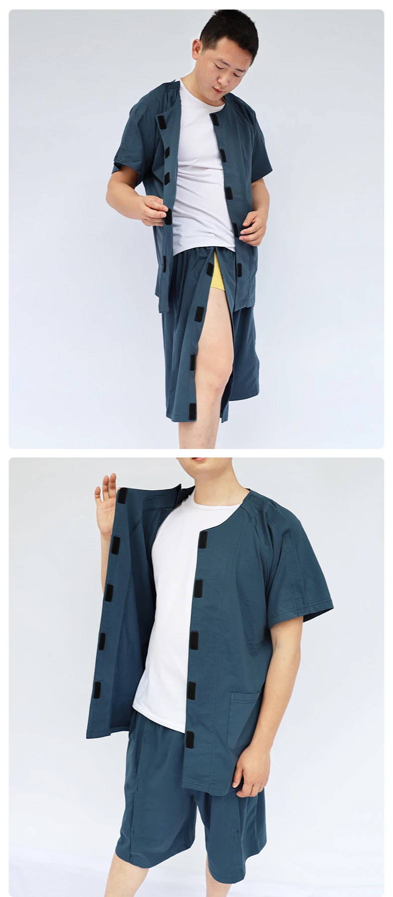 Gutes kurzärmliges Krankenhauspatientenkleid zur Bruchrehabilitation, postoperativ, praktischer Infusionsprüfung/Ankleidewechsel – Detail 6
