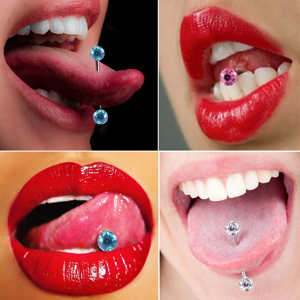 1PC Anti-Allergy Surgical Steel Tongue Rings Handmade Double Epoxy Coated Crystal Piercing Tongue Barbells Piercing Jewelry 14g