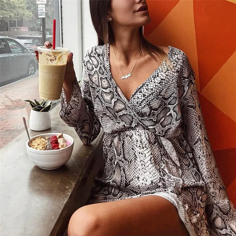 Street High Women Sexy V Neck Loose Fit Dress Elastic Waist Flare Sleeve Snake Printed Hot Beach Dresses Club Party Female Dress