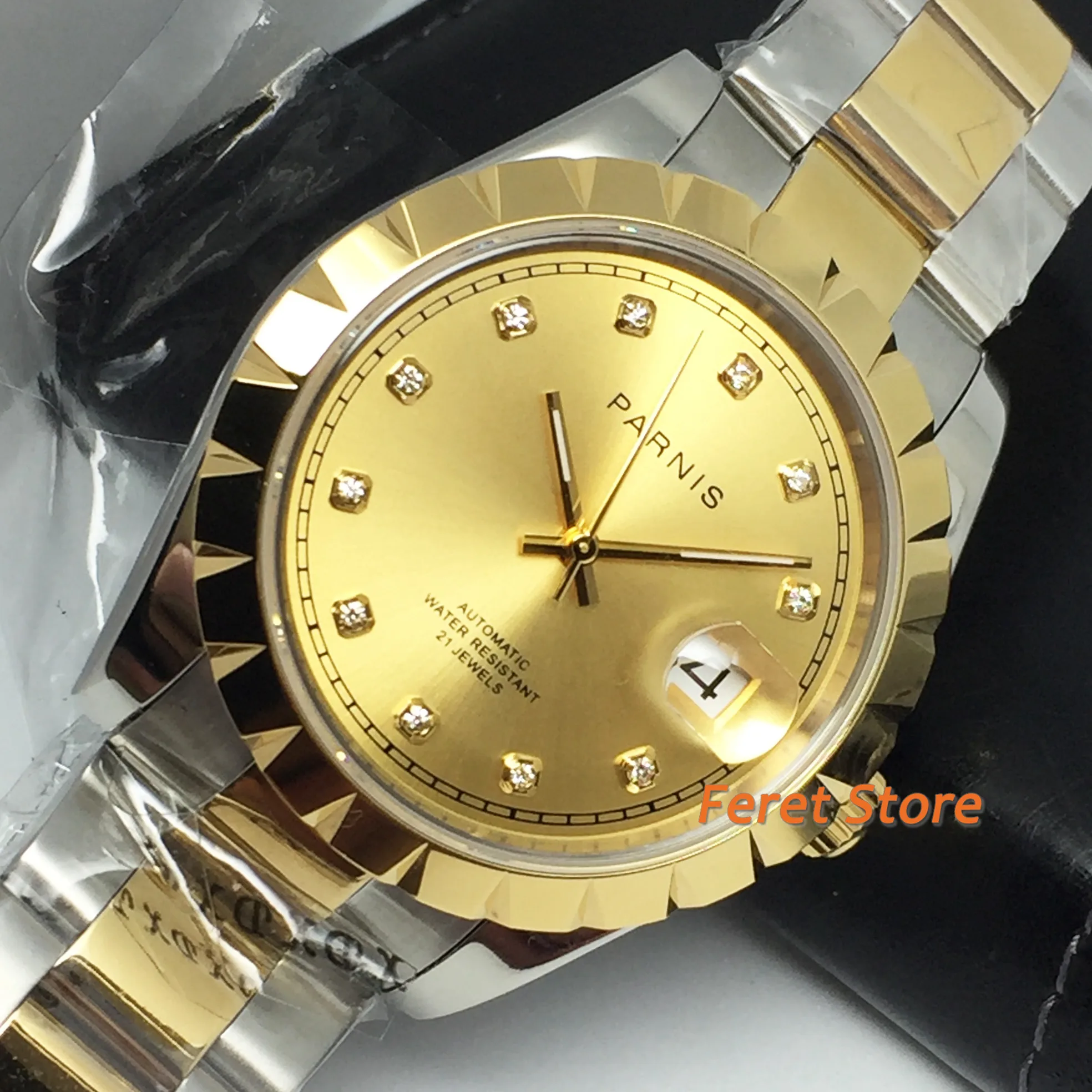 

Parnis 39mm 2020 New Top Gold Case Sapphire Crystal Gold Dial Date Window 21 Jewelry Miyota Movement Automatic Men's Watch