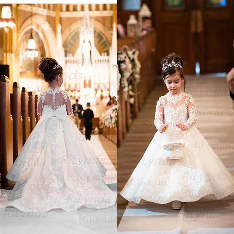 Flower Girls Dresses Long Sleeves Lace Appliques vestidos de noiva Formal Party Gowns For Girls