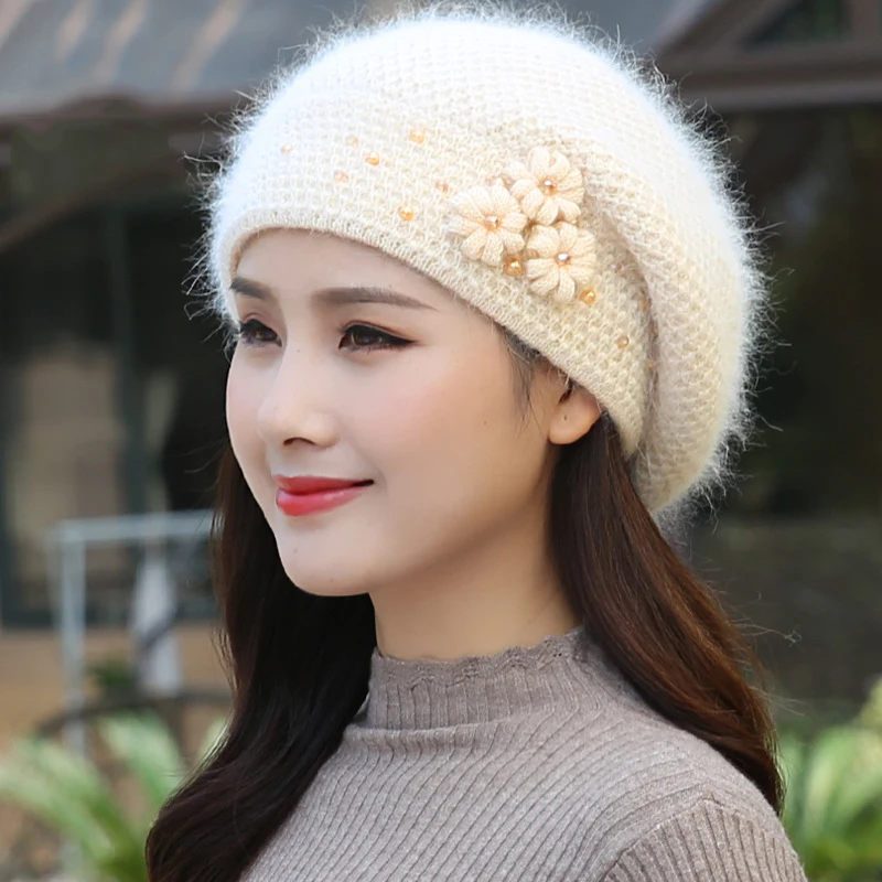 Beret Women Hat Angora Winter Warm Flower Soft Double Layers Thermal Snow Outdoor Accessory Female