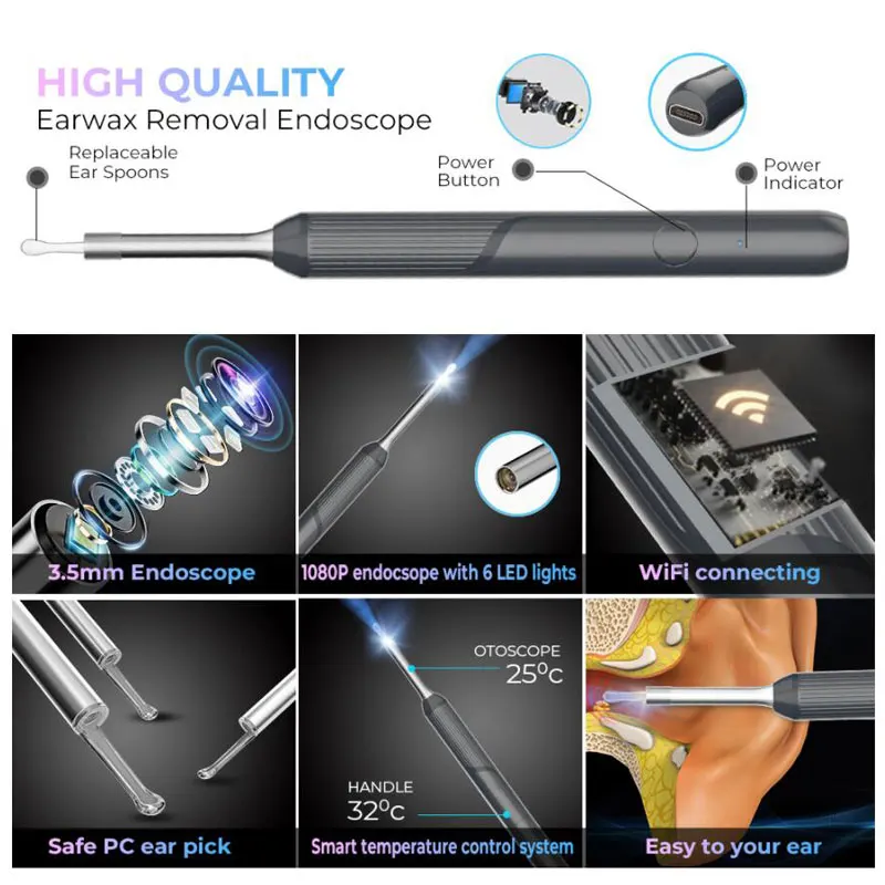 Wireless Smart Ear Wax Removal 360° Visual Ear Pick Lighted Ear Canal Cleaner Otoscope Flexible Design Ear Care Tools NP20